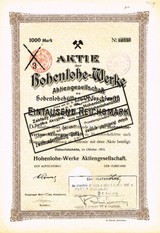 Artikelnr. AP380 Aktie Hohenlohe Werke in Oberschlesien von 1911 Nennwert 1000 Reichsmark