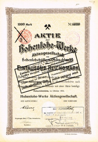 Artikelnr. AP380 Aktie Hohenlohe Werke in Oberschlesien von 1911 Nennwert 1000 Reichsmark