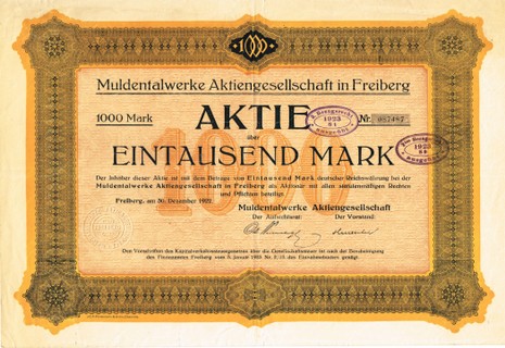 Artikelnr. AP382 Aktie der Muldental Werke AG  von 1922 Nennwert 1000 Mark
