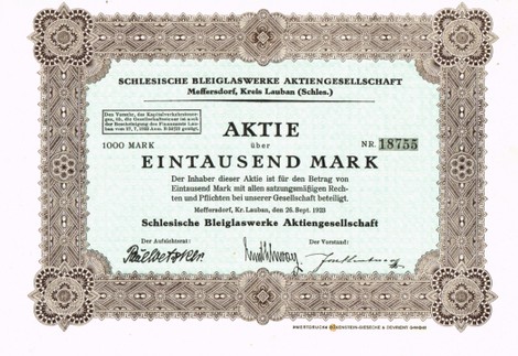 Artikelnr. AP383 Aktie der Schlesischen Bleiglaswerke AG  von 1923 Nennwert 1000 Mark