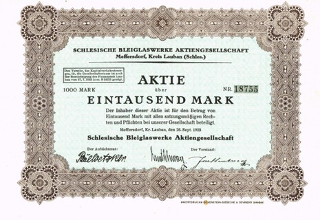 Artikelnr. AP383 Aktie der Schlesischen Bleiglaswerke AG  von 1923 Nennwert 1000 Mark