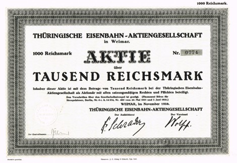 Artikelnr. AP384 Aktie der Thüringischen Eisenbahn AG  von 1926 Nennwert 1000 Mark