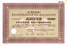 Artikelnr. AP385 Aktie der"Union" Baugesellschaft auf Actien von 1933 Nennwert 20 Mark