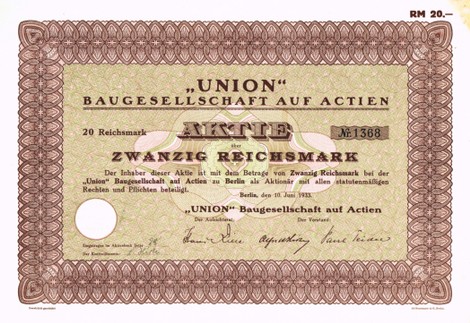 Artikelnr. AP385 Aktie der"Union" Baugesellschaft auf Actien von 1933 Nennwert 20 Mark