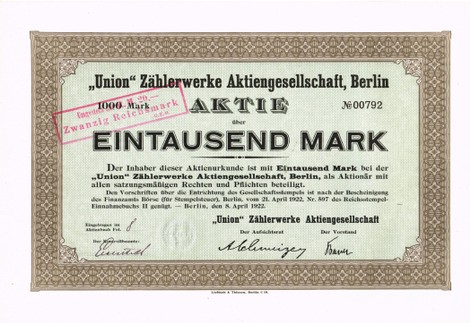 Artikelnr. AP386 Aktie der"Union" Zählerwerke AG Berlin von 1922 Nennwert 1000 Mark