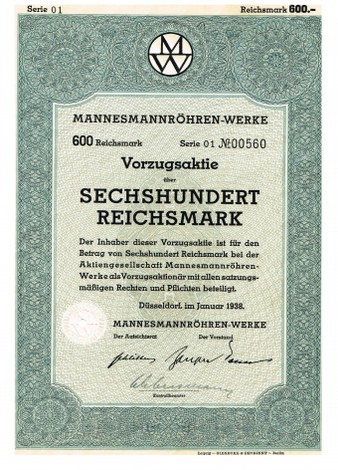 Artikelnr. AP607  Mannesmann Vorzugsaktie von 1938 Wert sechshundert Reichsmark
