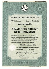 Artikelnr. AP607  Mannesmann Vorzugsaktie von 1938 Wert sechshundert Reichsmark