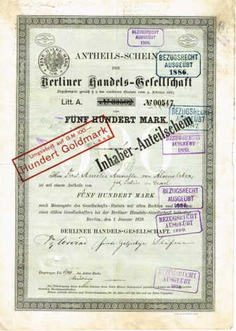Artikelnr. AP251 Berliner Handelsgesellschaft Anteilsschein von 1879 mit Originalunterschrift von Anette Amelie von Alvensleben