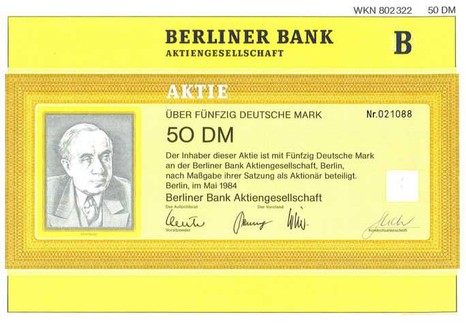 Artikelnr. AP192 Berliner Bank Aktie vom Mai 1984 Nennwert 50 D-Mark
