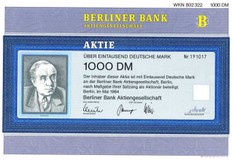 Artikelnr. AP193 Berliner Bank Aktie vom Mai 1984 Nennwert 1000 D-Mark
