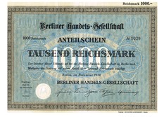 Artikelnr. AP301 Berliner Handelsgesellschaft Anteilschein von 1928Nr.0029  Wert 1000 RM