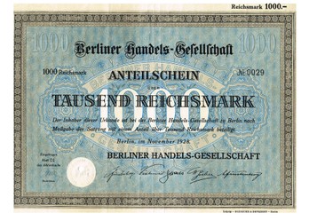 Artikelnr. AP301 Berliner Handelsgesellschaft Anteilschein von 1928Nr.0029  Wert 1000 RM