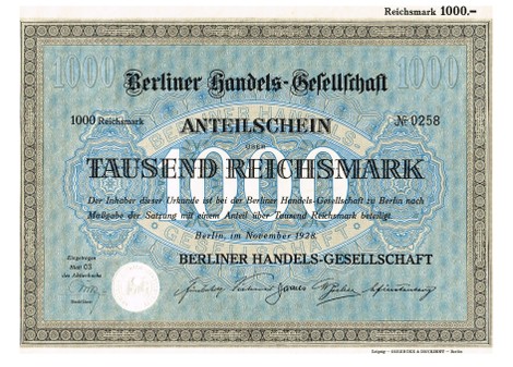 Artikelnr. AP302 Berliner Handelsgesellschaft Anteilschein von 1928 Nr.258 Wert 1000 RM