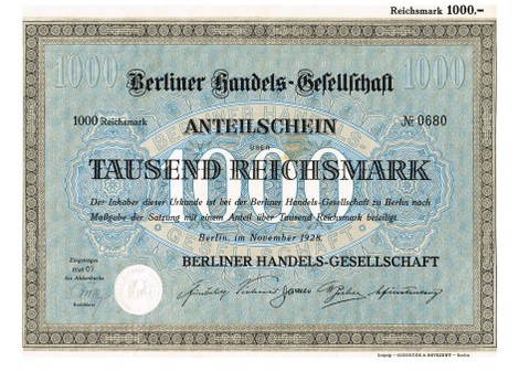 Artikelnr. AP303 Berliner Handelsgesellschaft Anteilschein von 1928 Nr. 680 Wert 1000 RM