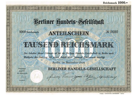 Artikelnr. AP303 Berliner Handelsgesellschaft Anteilschein von 1928 Nr. 680 Wert 1000 RM