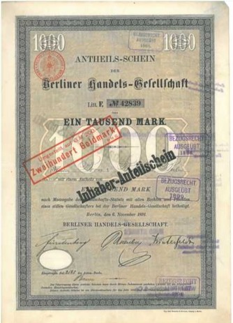 Artikelnr. AP100 Berliner Handelsgesellschaft Anteilschein vom 06.11.1891 über 1000 Mark