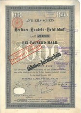 Artikelnr. AP100 Berliner Handelsgesellschaft Anteilschein vom 06.11.1891 über 1000 Mark