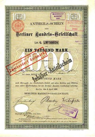 Artikelnr. AP101 Berliner Handelsgesellschaft Anteilschein vom 04.04.1886 Wert 1000 Mark