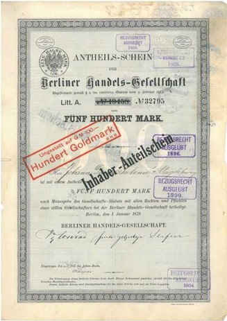 Artikelnr. AP102 Berliner Handelsgesellschaft Anteilschein vo01.01. 1879 Wert 500 Mark