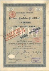 Artikelnr. AP104 Berliner Handelsgesellschaft Anteilschein von 1891 Wert 1000 Mark