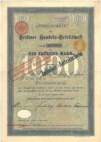 Artikelnr. AP105 3 Stück Berliner Handelsgesellschaft Anteilscheine vom 06.11.1891 über 1000 Mark