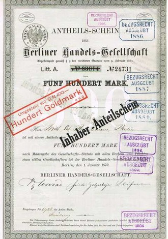 Artikelnr. AP106 Berliner Handelsgesellschaft Anteilsschein vom 01.01.1879 Wert 500 Mark
