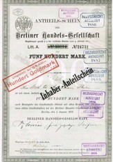 Artikelnr. AP106 Berliner Handelsgesellschaft Anteilsschein vom 01.01.1879 Wert 500 Mark