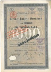 Artikelnr. AP107 3 Stück Berliner Handelsgesellschaft Anteilscheine vom November 1891 Wert 1000 Mark 3er Set