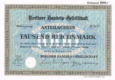 Artikelnr. AP108 Berliner Handelsgesellschaft Anteilschein von 1928 Wert 1000 RM