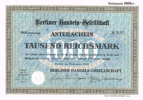 Artikelnr. AP108 Berliner Handelsgesellschaft Anteilschein von 1928 Wert 1000 RM