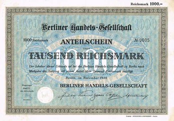 Artikelnr. AP109 Berliner Handelsgesellschaft Anteilschein von 1928 Wert 1000 RM