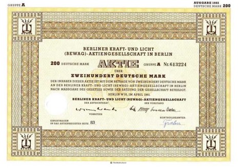 Artikelnr. AP196 Berliner Kraft und Licht (BEWAG) Aktie vom April 1961 Nennwert 100 D-Mark