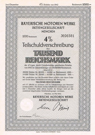 Artikelnr. AP153 Bayerische Motorenwerke Teilschuldverschreibung 4% Wert 1000 Reichsmark