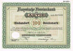 Artikelnr. AP111 Bayerische Vereinsbank vom 11.10.1937 Wert 100 Reichsmark