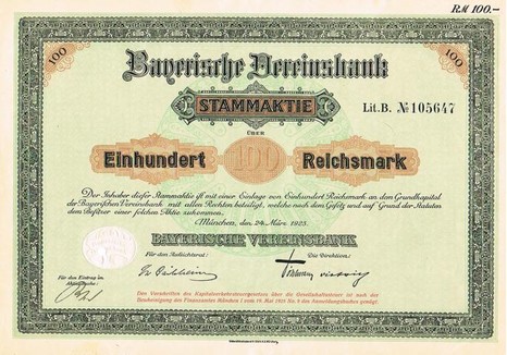 Artikelnr. AP112 Bayerische Vereinsbank Stammaktie 1925 Wert 100 RM