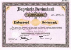 Artikelnr. AP113 Bayerische Vereinsbank Stammaktie vom 16.03.1928 Wert 1000 RM