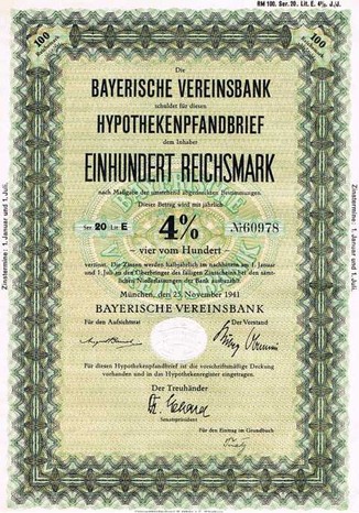 Artikelnr AP118 Bayerische Vereinsbank Hypothekenpfandbrief  100RM 4 %  Serie 20