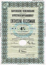 Artikelnr. AP119 Bayerische Vereinsbank Hypothekenpfandbrief  1000 RM 4 %  Serie 22 Wellig