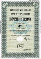 Artikelnr. AP119 Bayerische Vereinsbank Hypothekenpfandbrief  1000 RM 4 %  Serie 22 Wellig