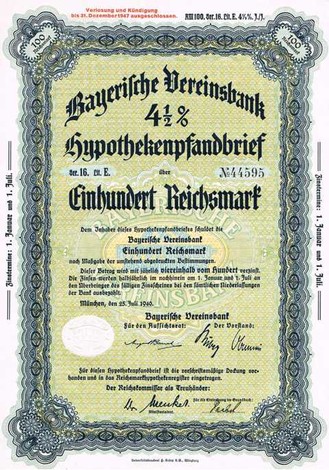 Artikelnr. AP120 Bayerische Vereinsbank Hypothekenpfandbrief  200 RM 4,5 % Serie 16