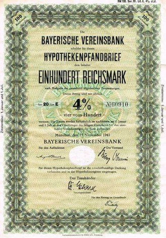 Artikelnr. AP122 Bayerische Vereinsbank Hypothekenpfandbrief  100 RM 4 % Serie 20 Wasserschaden