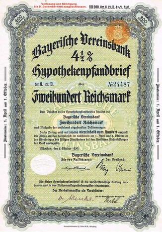 Artikelnr. AP124 Bayerische Vereinsbank Hypothekenpfandbrief  200RM 4,5 % Serie 8