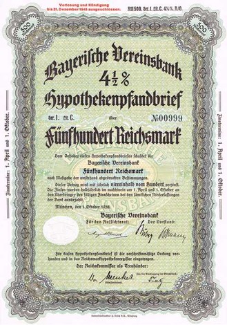 Artikelnr. AP125 Bayerische Vereinsbank Hypothekenpfandbrief 500 RM 4,5 %  Serie 1