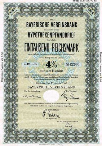 Artikelnr. AP126 Bayerische Vereinsbank Hypothekenpfandbrief  1000 RM 4 %  Serie 28 Leicht Wellig