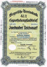 Artikelnr. AP127 Bayerische Vereinsbank  Hypothekenpfandbrief  100 RM 4,5 %  Serie 16