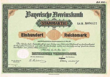 Artikelnr. AP138 Bayerische Vereinsbank Stammaktie vom 24.03.1925 Nennwert 100 RM