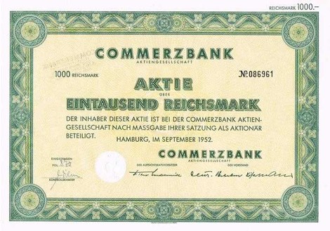 Artikelnr. AP110 Commerzbank Aktie von 1952 Wert 1000 RM