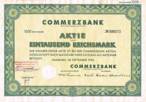 Artikelnr. AP130 Commerzbank Aktie von 1952 mit Stempel "Sturmflutschaden" Wert 1000 Reichsmark
