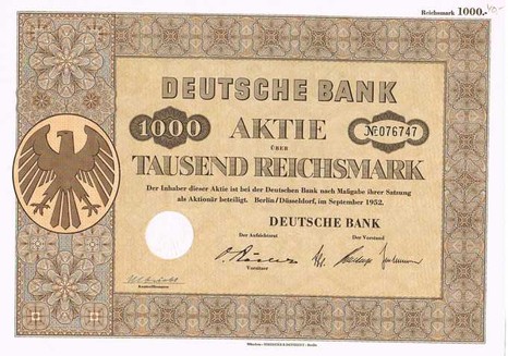 Artikelnr. AP140 Deutsche Bank Stammaktie vom 09.1952 Wert 1000 Reichsmark mit Coupon