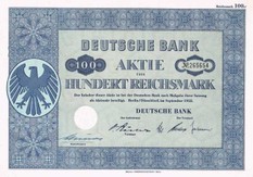 Artikelnr. AP143 Deutsche Bank Stammaktie vom 09.1952 Wert 100 Reichsmark mit Coupon